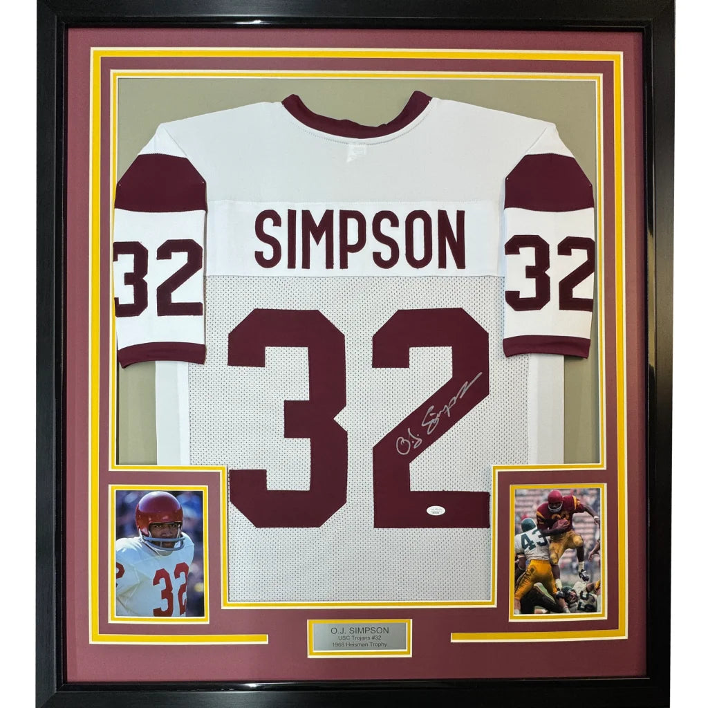 Framed autographed OJ O.J. Simpson USC Trojans white jersey JSA COA