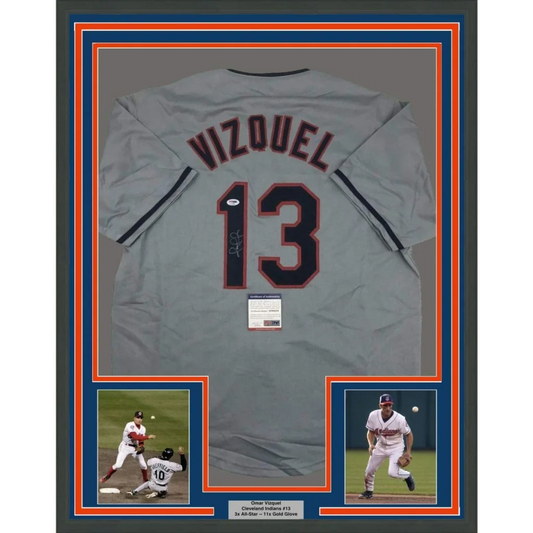 Framed signed Omar Vizquel gray Cleveland jersey back with Vizquel 13