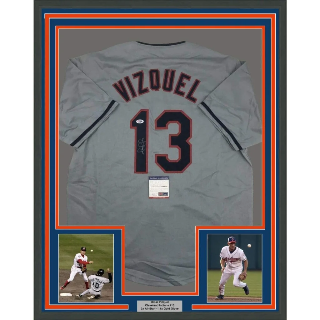 Framed Omar Vizquel signed baseball jersey with two action photos for fans