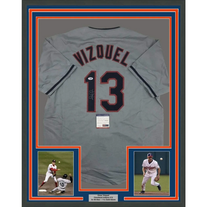 Framed Omar Vizquel signed baseball jersey with two action photos for fans