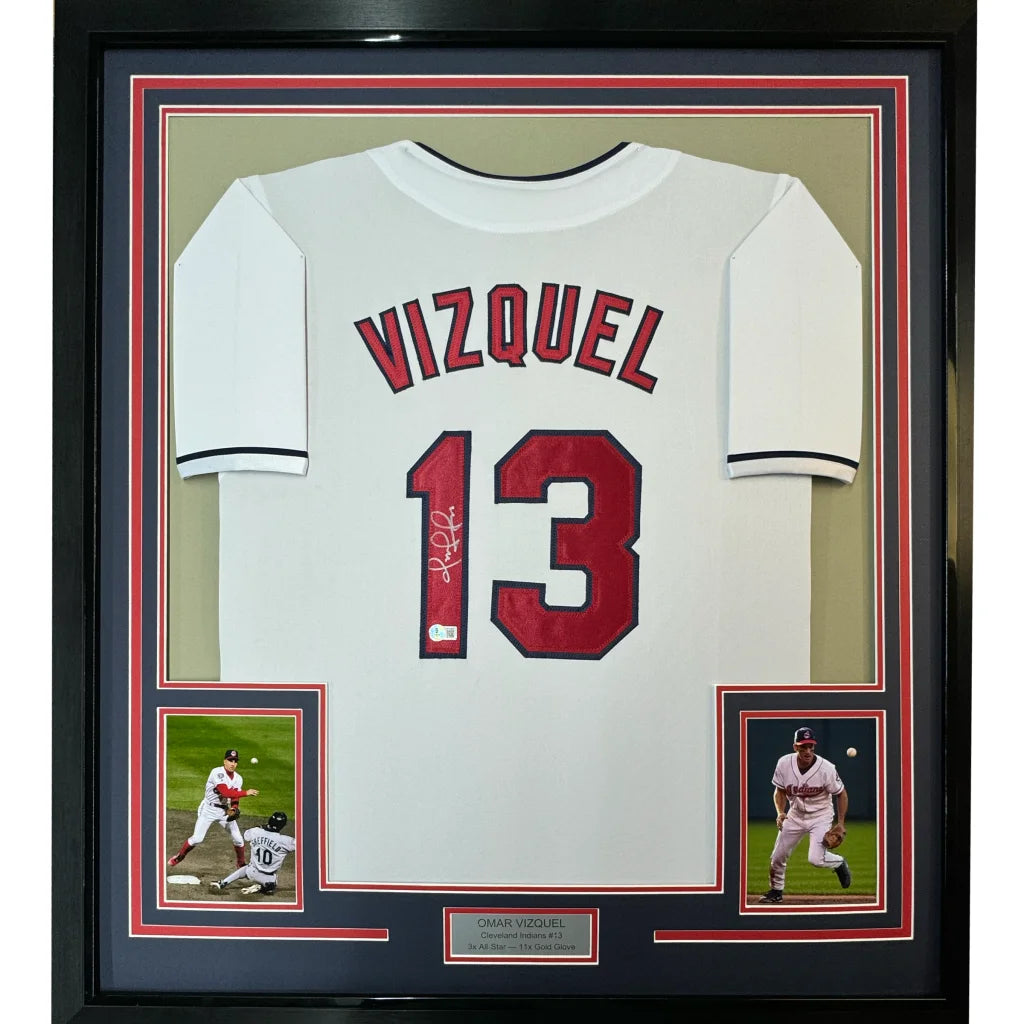 Framed autographed Omar Vizquel Cleveland white baseball jersey back with red Vizquel 13 PSA/DNA COA