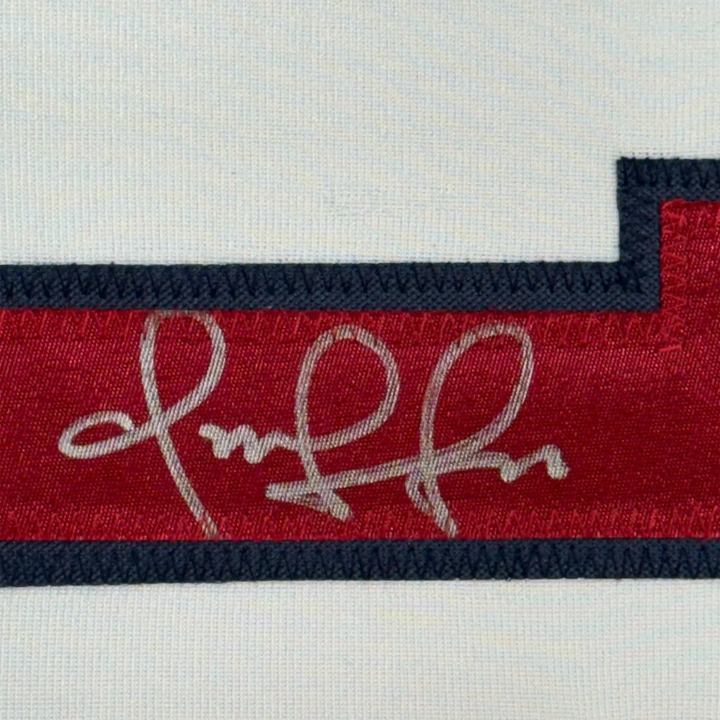 Red and navy embroidered Omar Vizquel signed patch on framed Cleveland jersey