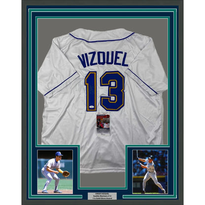 Framed autographed white baseball jersey with two player photos for Legendary Autographed Baseball Jersey