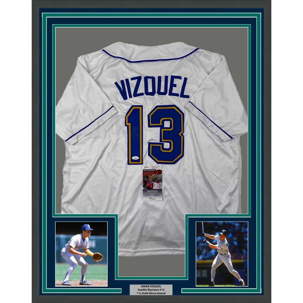 Framed autographed Omar Vizquel Seattle white baseball jersey with Vizquel 13