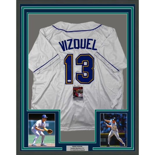 Framed autographed Omar Vizquel Seattle white baseball jersey with Vizquel 13