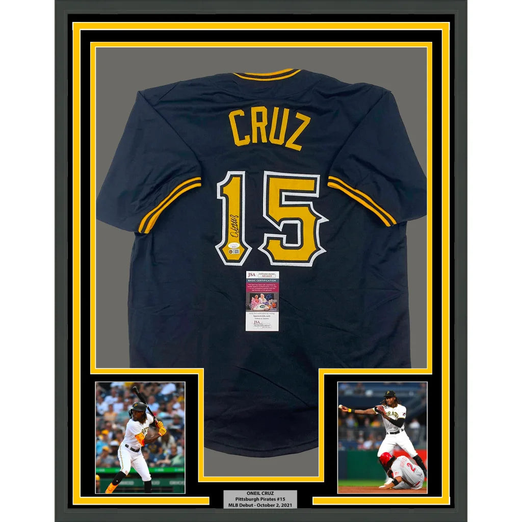 Framed Autographed Oneil Cruz 35x39 Pittsburgh Black Baseball Jersey JSA COA | Hall of Fame Sports Memorabilia | vintageantiquesgifts.com