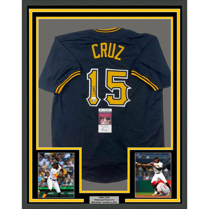 Framed Autographed Oneil Cruz 35x39 Pittsburgh Black Baseball Jersey JSA COA | Hall of Fame Sports Memorabilia | vintageantiquesgifts.com