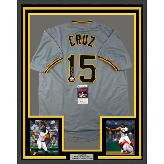 Professionally framed Pittsburgh grey baseball jersey with autographs and player photos