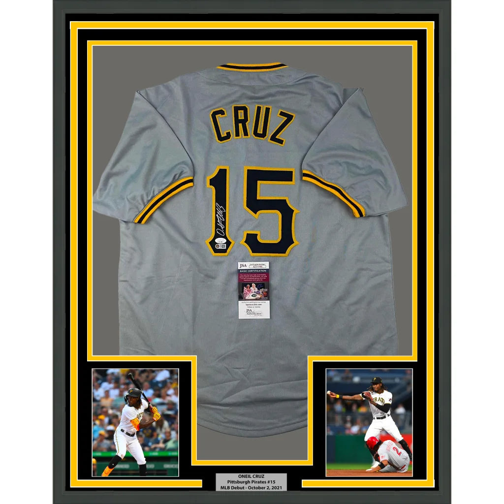 Framed autographed gray Pittsburgh Pirates O’Neil Cruz jersey with black and yellow lettering