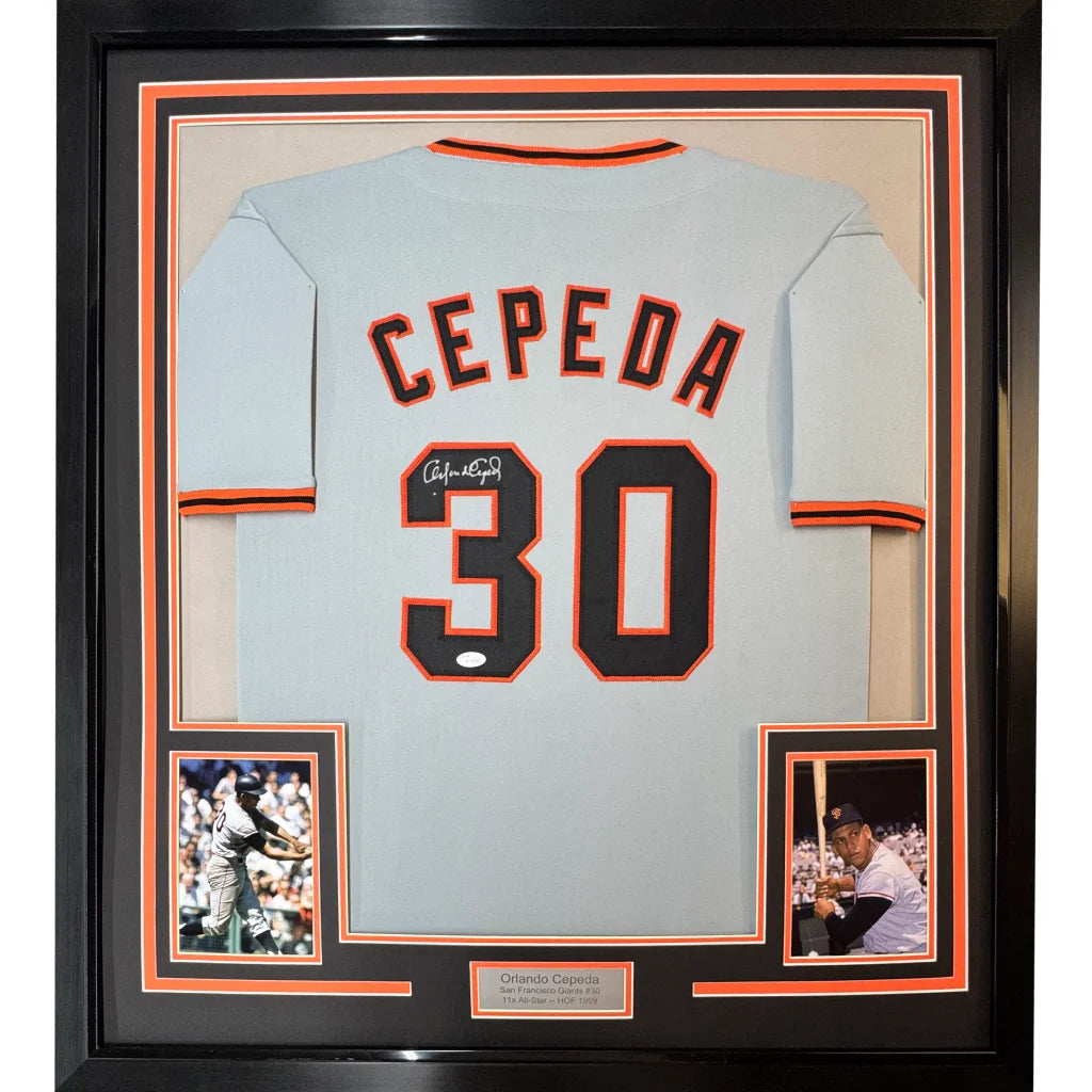 Framed autographed Orlando Cepeda gray jersey with number 30 JSA COA