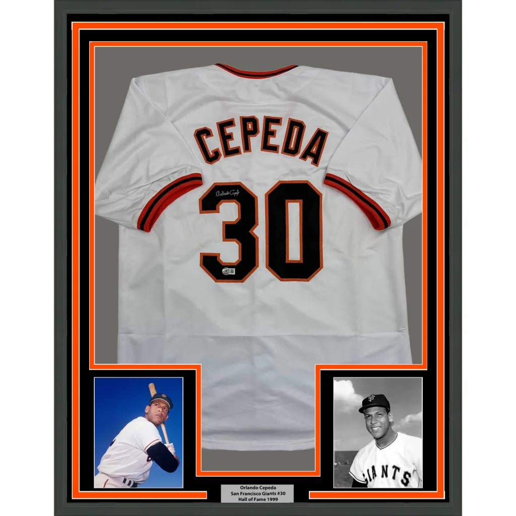 Framed Autographed Orlando Cepeda 35x39 San Francisco White Baseball Jersey Beckett BAS COA | Hall of Fame Sports Memorabilia | vintageantiquesgifts.com