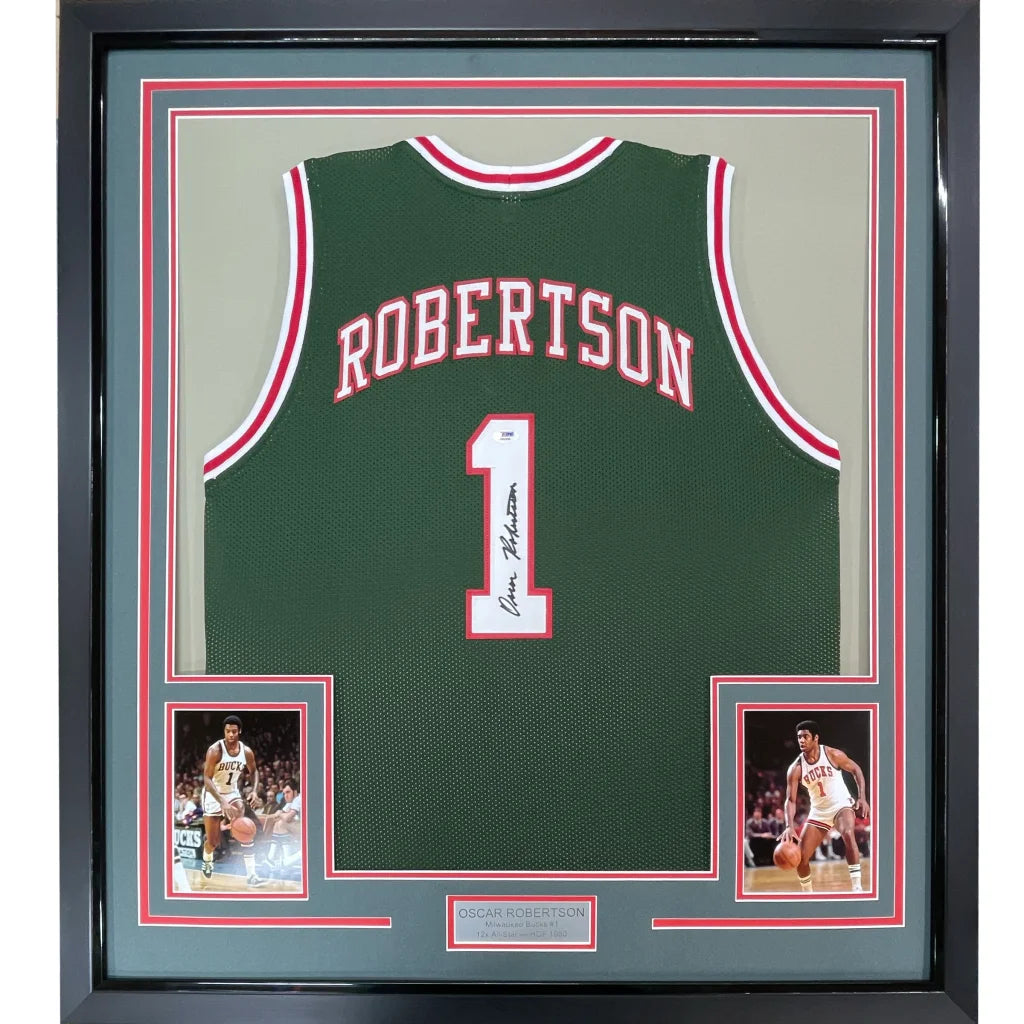 Framed Autographed Oscar Robertson 35x39 Milwaukee Green Basketball Jersey PSA/DNA COA | Hall of Fame Sports Memorabilia | vintageantiquesgifts.com