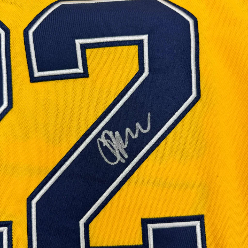 Yellow sports jersey with navy blue 22 and silver autograph for Framed Owen Power Michigan Wolverines Autographed Jersey