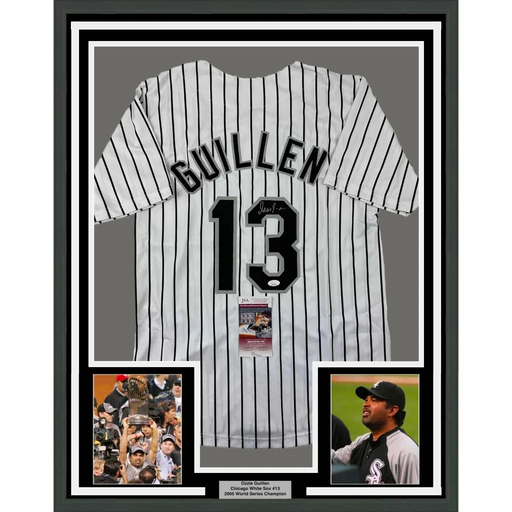 Framed Autographed Ozzie Guillen 35x39 Chicago Pinstripe Baseball Jersey JSA COA | Hall of Fame Sports Memorabilia | vintageantiquesgifts.com