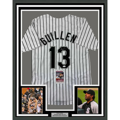Framed Autographed Ozzie Guillen 35x39 Chicago Pinstripe Baseball Jersey JSA COA | Hall of Fame Sports Memorabilia | vintageantiquesgifts.com