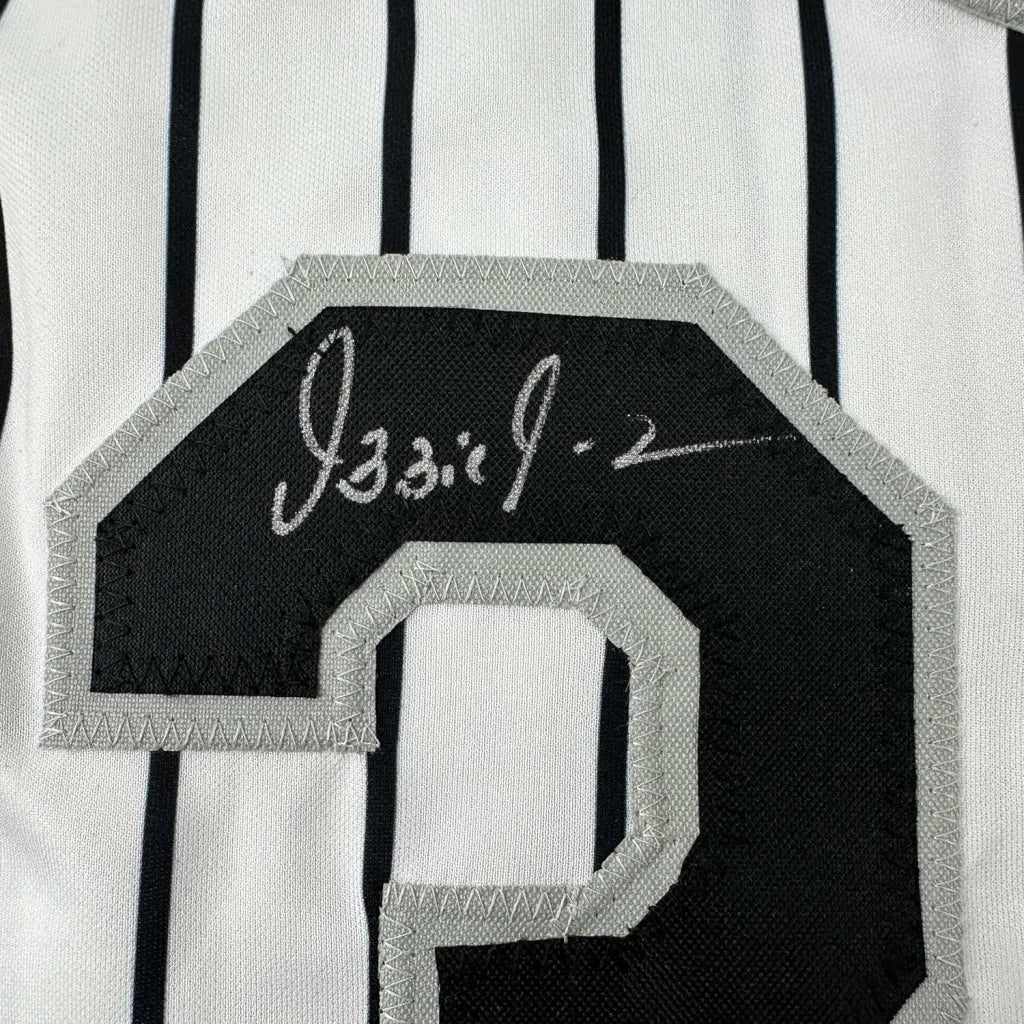 Framed Autographed Ozzie Guillen 35x39 Chicago Pinstripe Baseball Jersey JSA COA | Certified Authentic Signed Memorabilia | vintageantiquesgifts.com