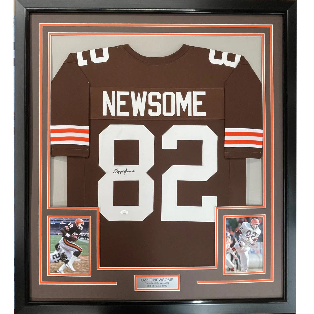 Framed Autographed Ozzie Newsome 35x39 Cleveland Brown Football Jersey JSA COA | Hall of Fame Sports Memorabilia | vintageantiquesgifts.com