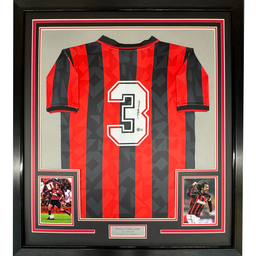 Framed autographed Paolo Maldini number 3 red black AC Milan jersey Beckett COA