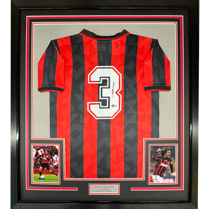 Framed autographed Paolo Maldini number 3 red black AC Milan jersey Beckett COA