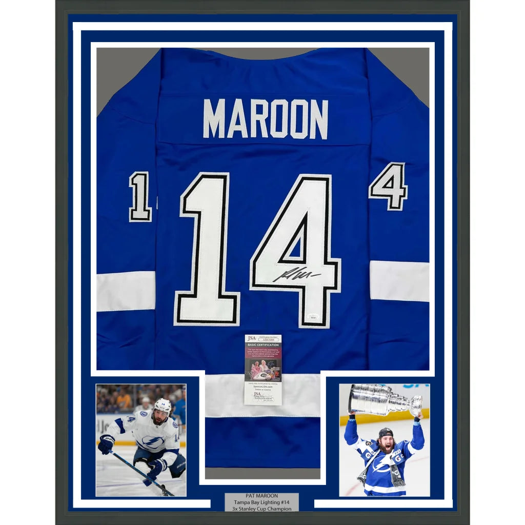 Framed Autographed Pat Maroon 35x39 Tampa Bay Blue Hockey Jersey JSA COA | Hall of Fame Sports Memorabilia | vintageantiquesgifts.com