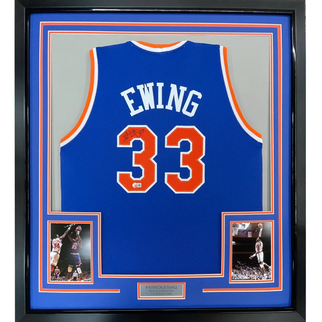 Framed Autographed Patrick Ewing 35x39 New York Blue Basketball Jersey Beckett BAS COA | Hall of Fame Sports Memorabilia | vintageantiquesgifts.com