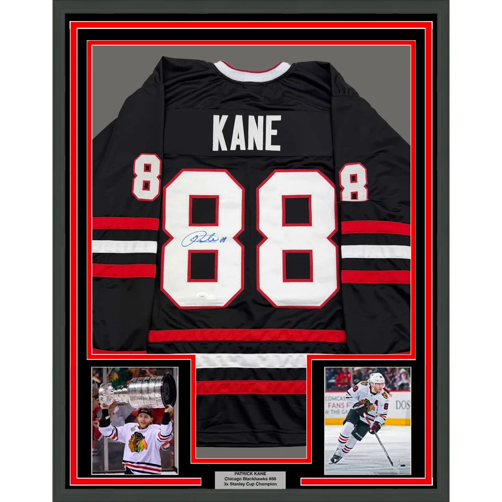 Professionally framed Patrick Kane signed jersey with JSA COA and commemorative photos