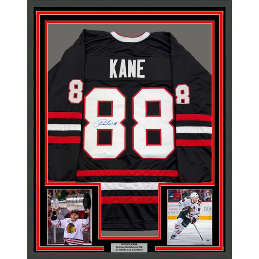 Professionally framed Patrick Kane signed jersey with JSA COA and commemorative photos