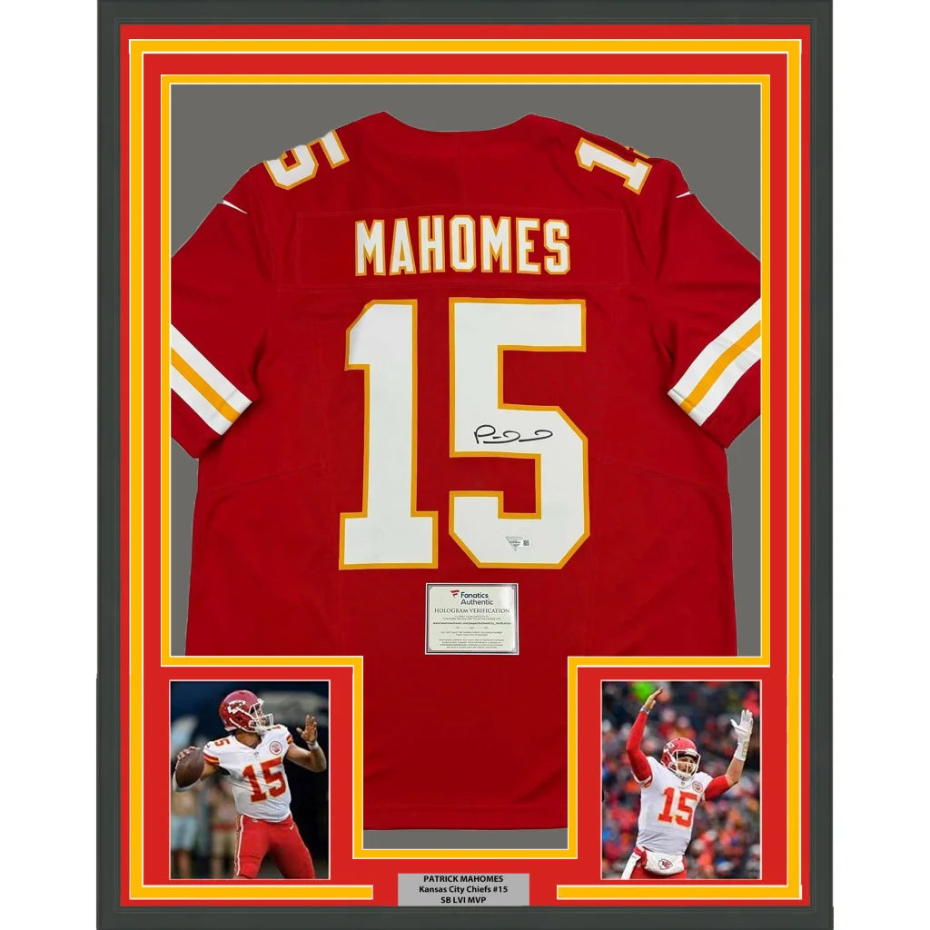 Framed autographed Patrick Mahomes red Chiefs jersey with name and number 15