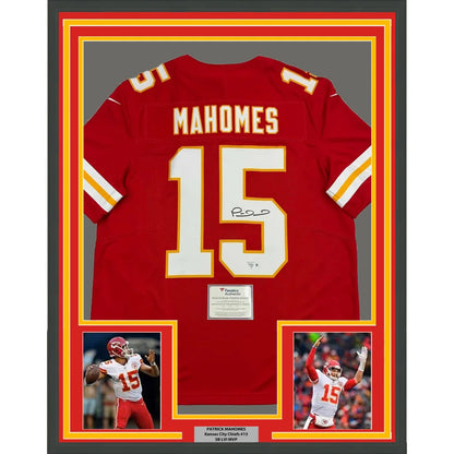 Framed autographed Patrick Mahomes red Chiefs jersey with name and number 15