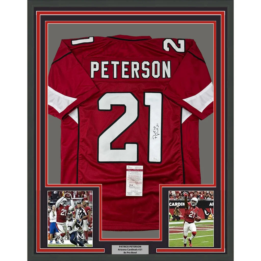 Framed signed Arizona Cardinals Patrick Peterson red jersey with photos