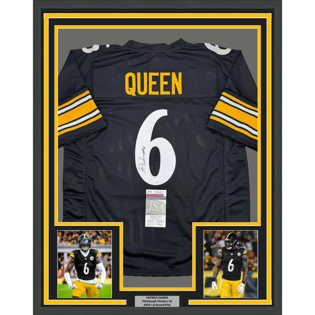 Framed Pittsburgh Steelers Patrick Queen signed jersey with two action photos ready to hang