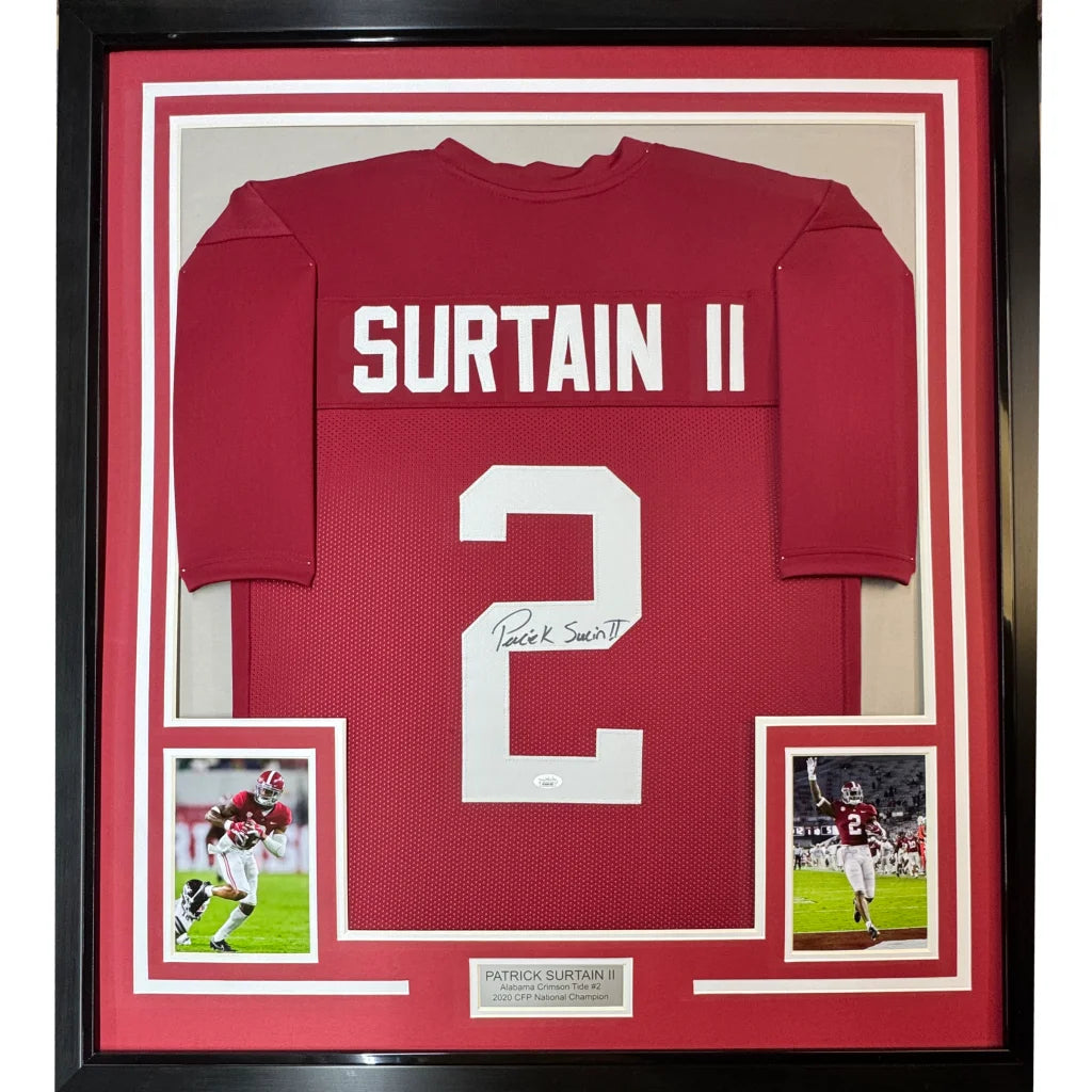 Professionally framed Patrick Surtain II football jersey with JSA COA for display