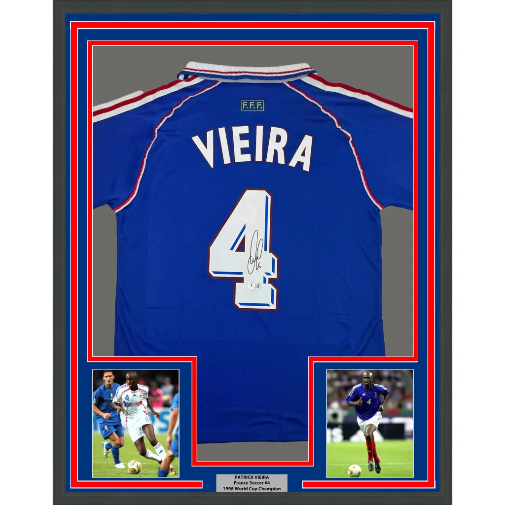 Framed Autographed Patrick Vieira 35x39 France French National Team Blue Soccer Jersey Beckett BAS COA | Hall of Fame Sports Memorabilia | vintageantiquesgifts.com