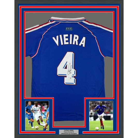 Framed Autographed Patrick Vieira 35x39 France French National Team Blue Soccer Jersey Beckett BAS COA | Hall of Fame Sports Memorabilia | vintageantiquesgifts.com