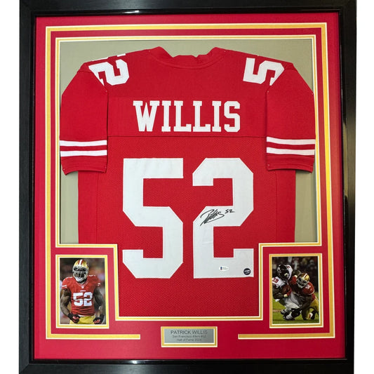 Framed Autographed Patrick Willis 35x39 San Francisco Red Football Jersey Beckett BAS COA | Hall of Fame Sports Memorabilia | vintageantiquesgifts.com