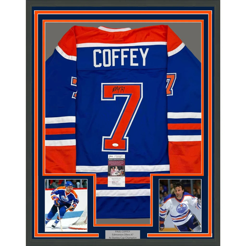 Framed and autographed Paul Coffey Edmonton Oilers jersey with collectible photos for wall decor