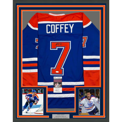 Framed and autographed Paul Coffey Edmonton Oilers jersey with collectible photos for wall decor