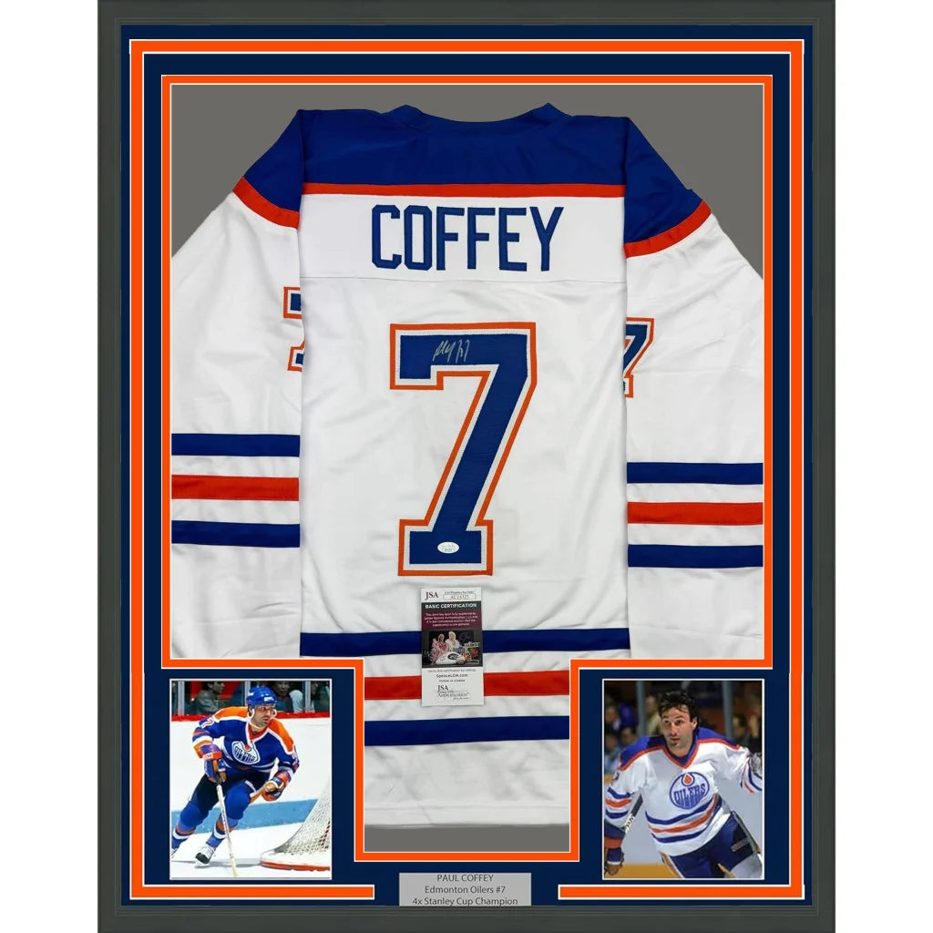 Framed Paul Coffey Edmonton White Hockey Jersey with Photos and JSA COA for authenticity