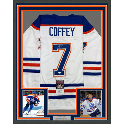 Framed Paul Coffey Edmonton White Hockey Jersey with Photos and JSA COA for authenticity