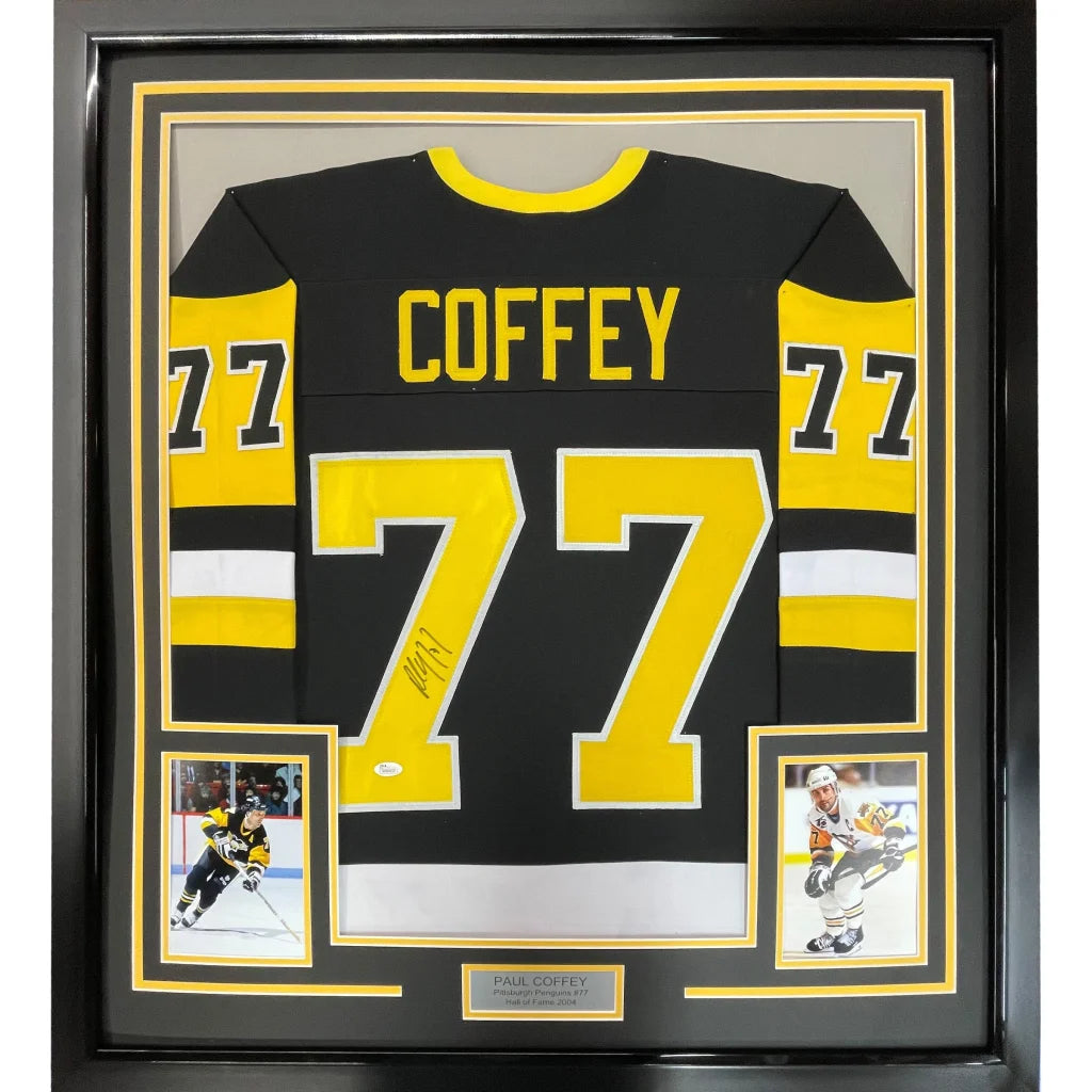 Framed Paul Coffey jersey with JSA COA, signed, photos, perfect for your man cave