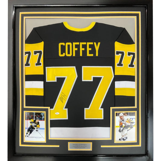 Framed Paul Coffey jersey with JSA COA, signed, photos, perfect for your man cave