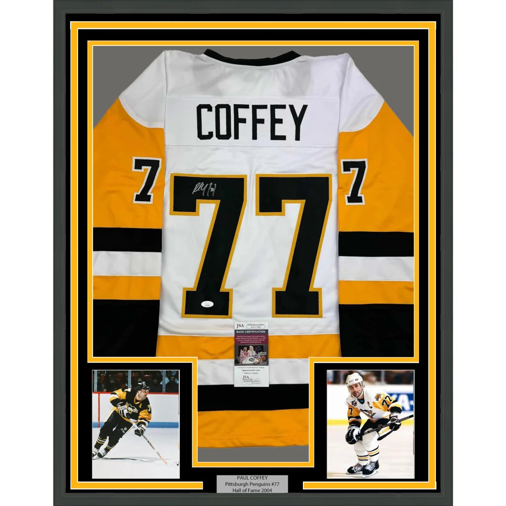 Back of framed autographed paul coffey white and yellow pittsburgh penguins hockey jersey with number 77