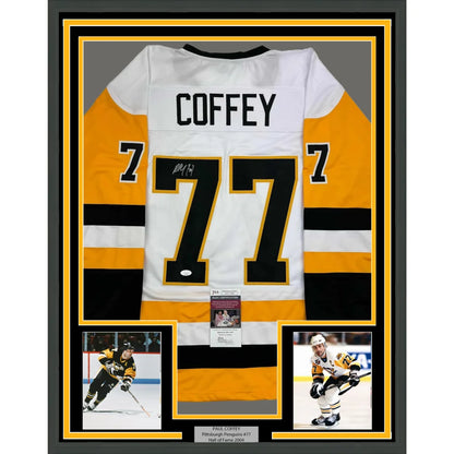 Back of framed autographed paul coffey white and yellow pittsburgh penguins hockey jersey with number 77