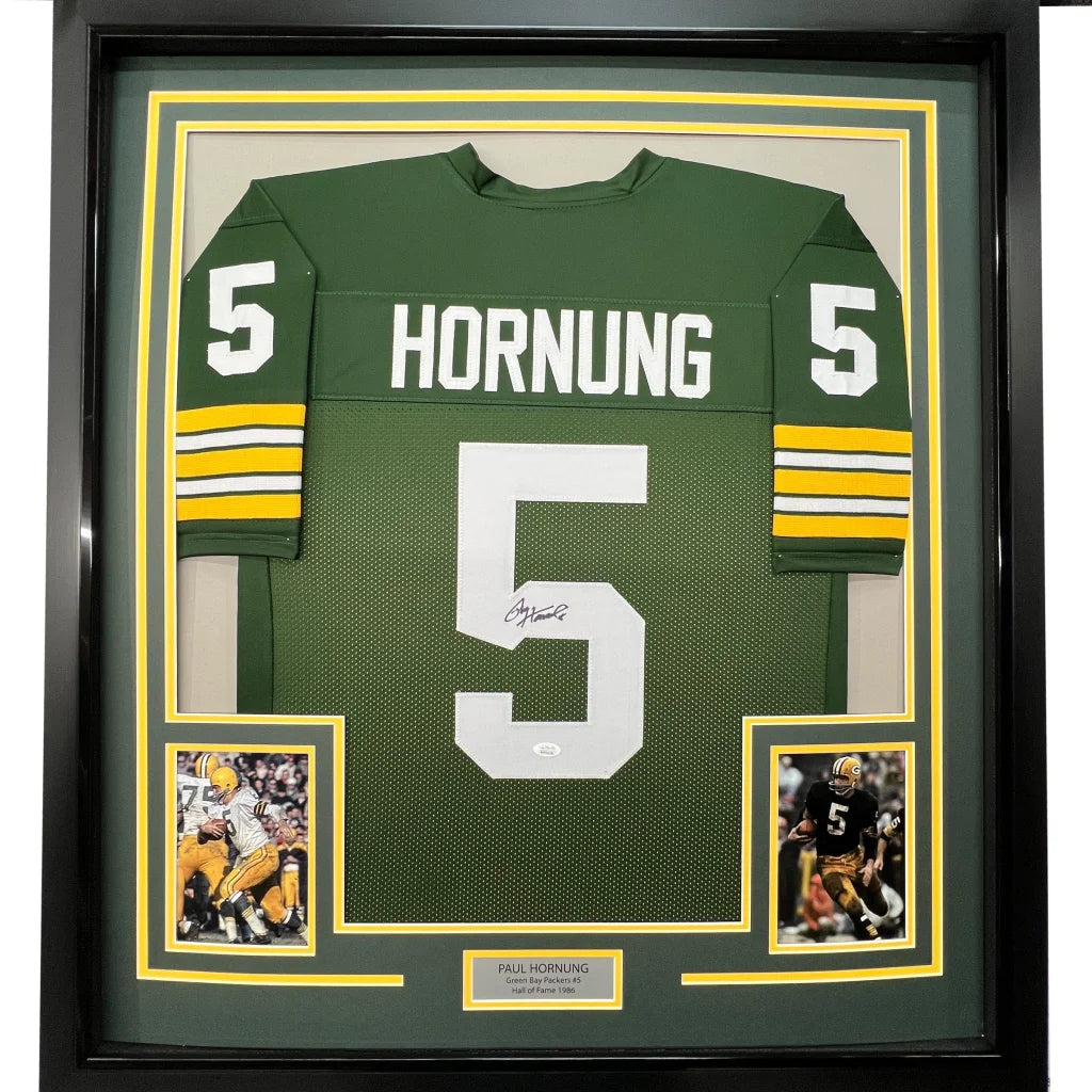 Framed autographed green bay packers green and yellow football jersey with white number 5 and name hornung backside displayed