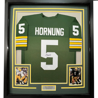 Framed autographed green bay packers green and yellow football jersey with white number 5 and name hornung backside displayed