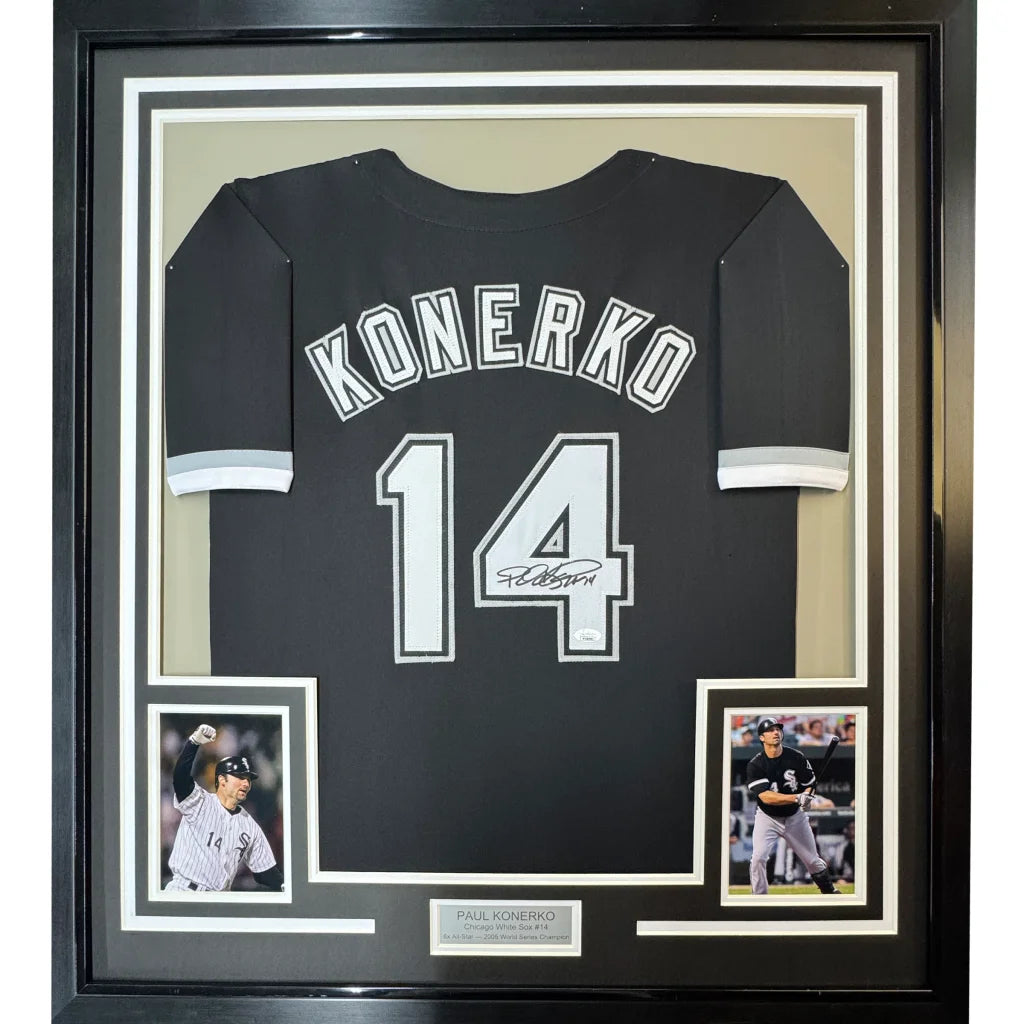 Framed Autographed Paul Konerko 35x39 Chicago Black Baseball Jersey JSA COA | Hall of Fame Sports Memorabilia | vintageantiquesgifts.com