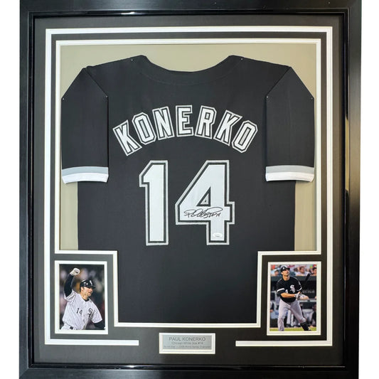 Framed Autographed Paul Konerko 35x39 Chicago Black Baseball Jersey JSA COA | Hall of Fame Sports Memorabilia | vintageantiquesgifts.com