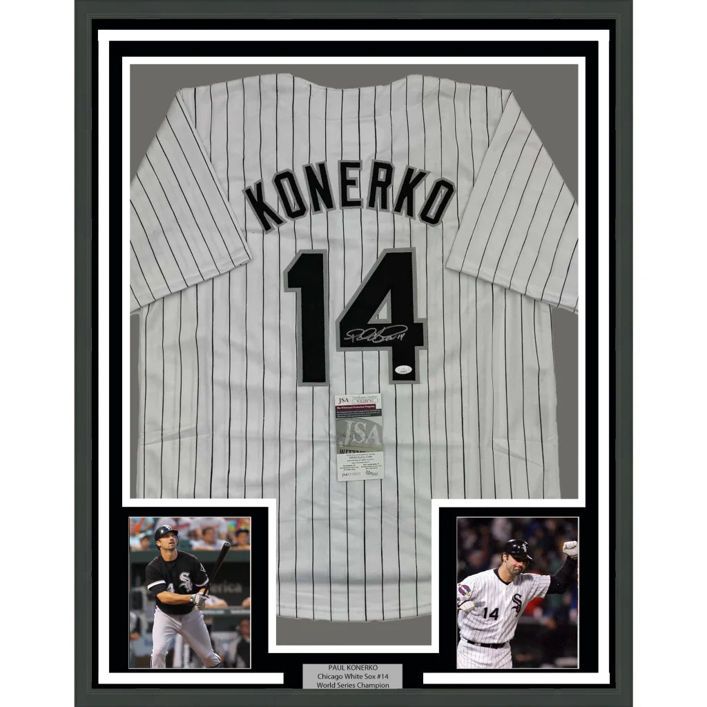 Framed Paul Konerko Chicago White Sox jersey with autographs, photos, and JSA COA for your man cave