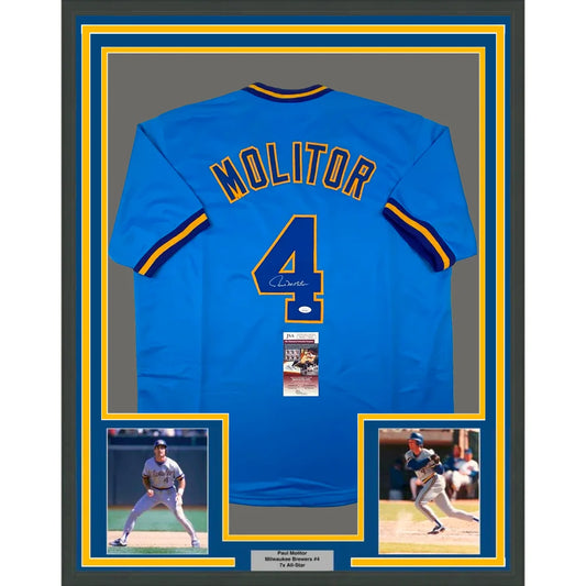 Framed Paul Molitor autographed Milwaukee Brewers jersey with two action photos ready to hang