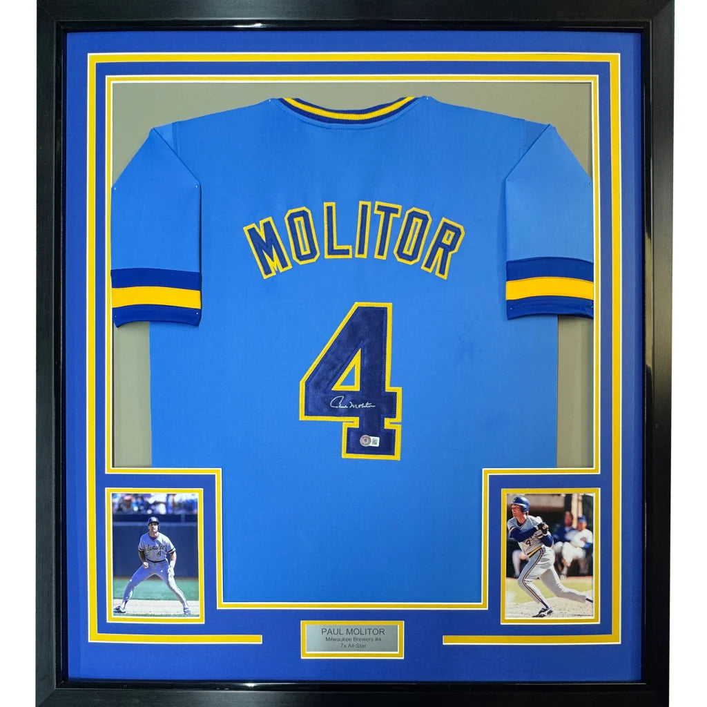 Framed autographed Paul Molitor blue Milwaukee jersey with Molitor 4, JSA COA